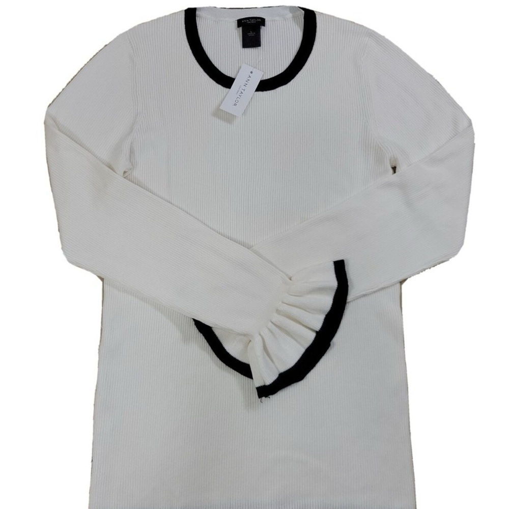 Ann Taylor White and Black Trim Ruffle Sleeve Crew Neck Sweater NWT 70.00